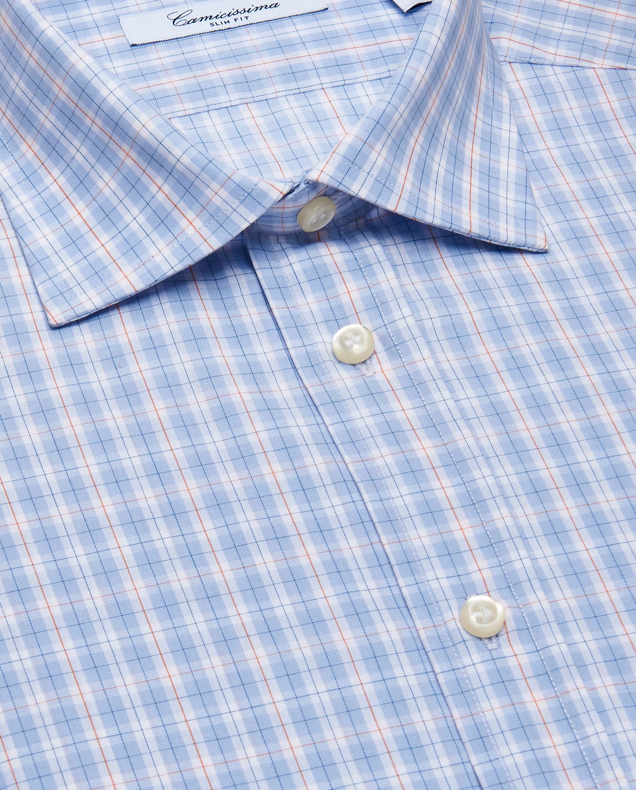 Camicia fantasia azzurra a quadri manica corta slim francese