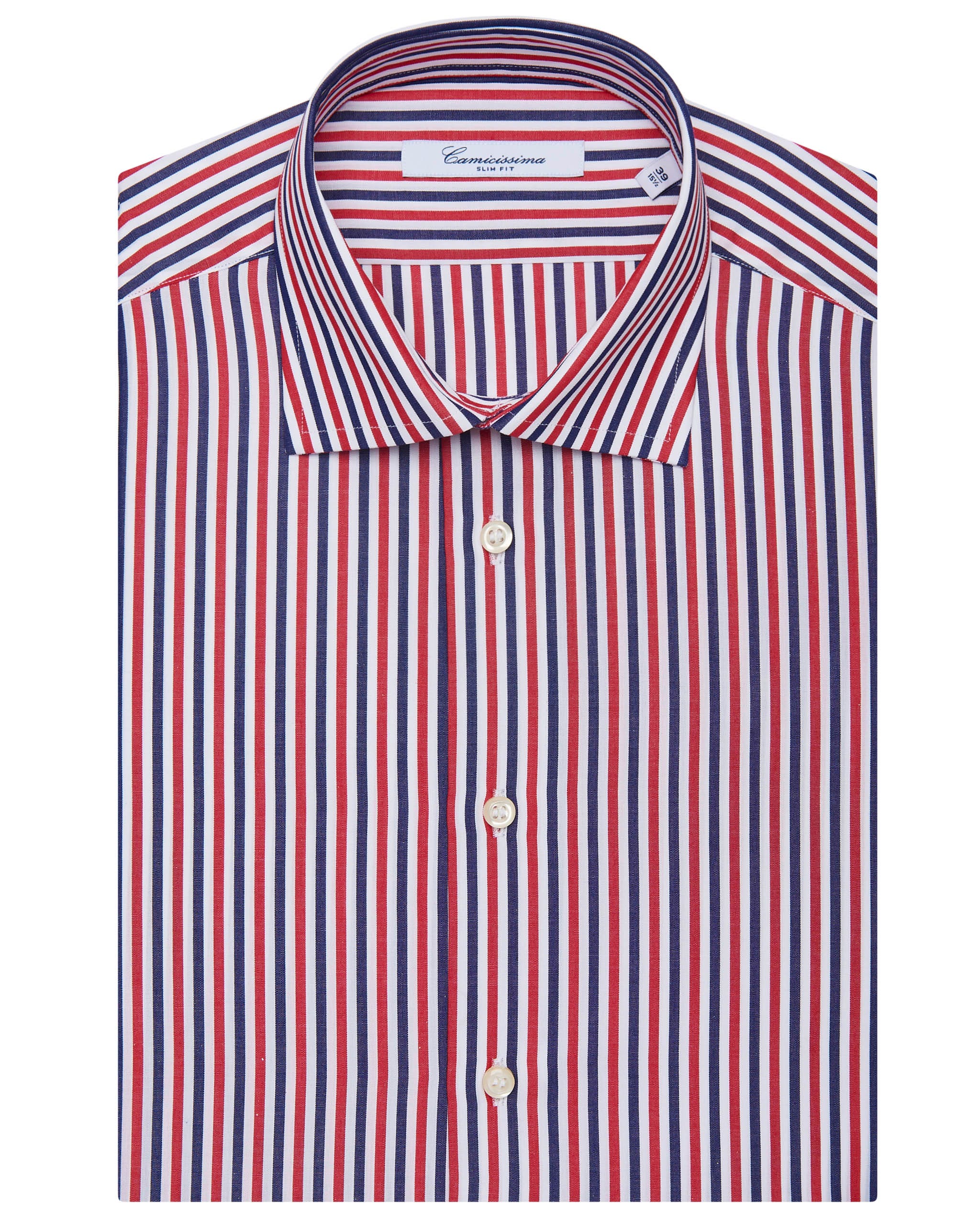 Camicia fantasia a righe blu bianche e rosse manica corta slim francese Camicissima