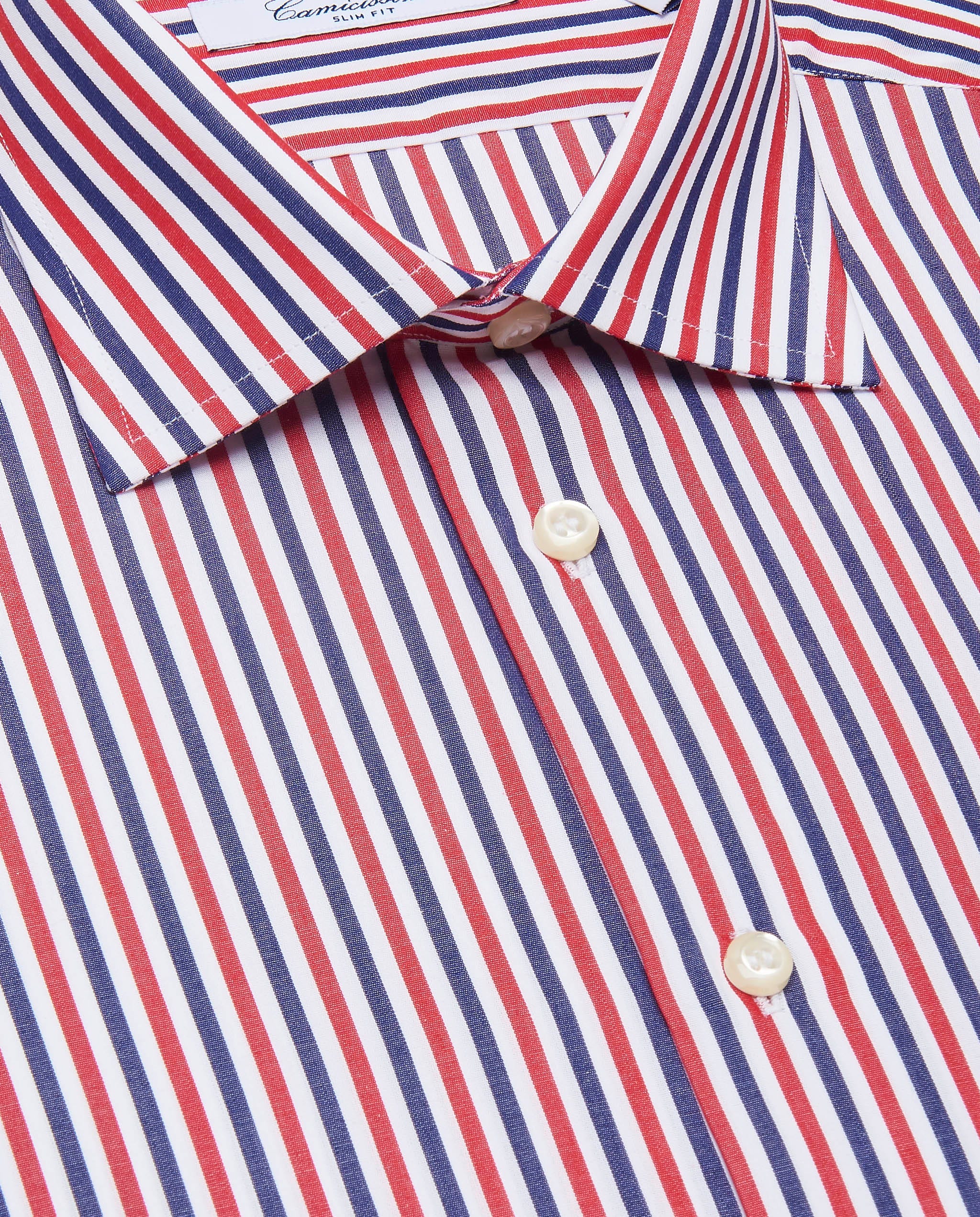 Camicia fantasia a righe blu bianche e rosse manica corta slim francese Camicissima