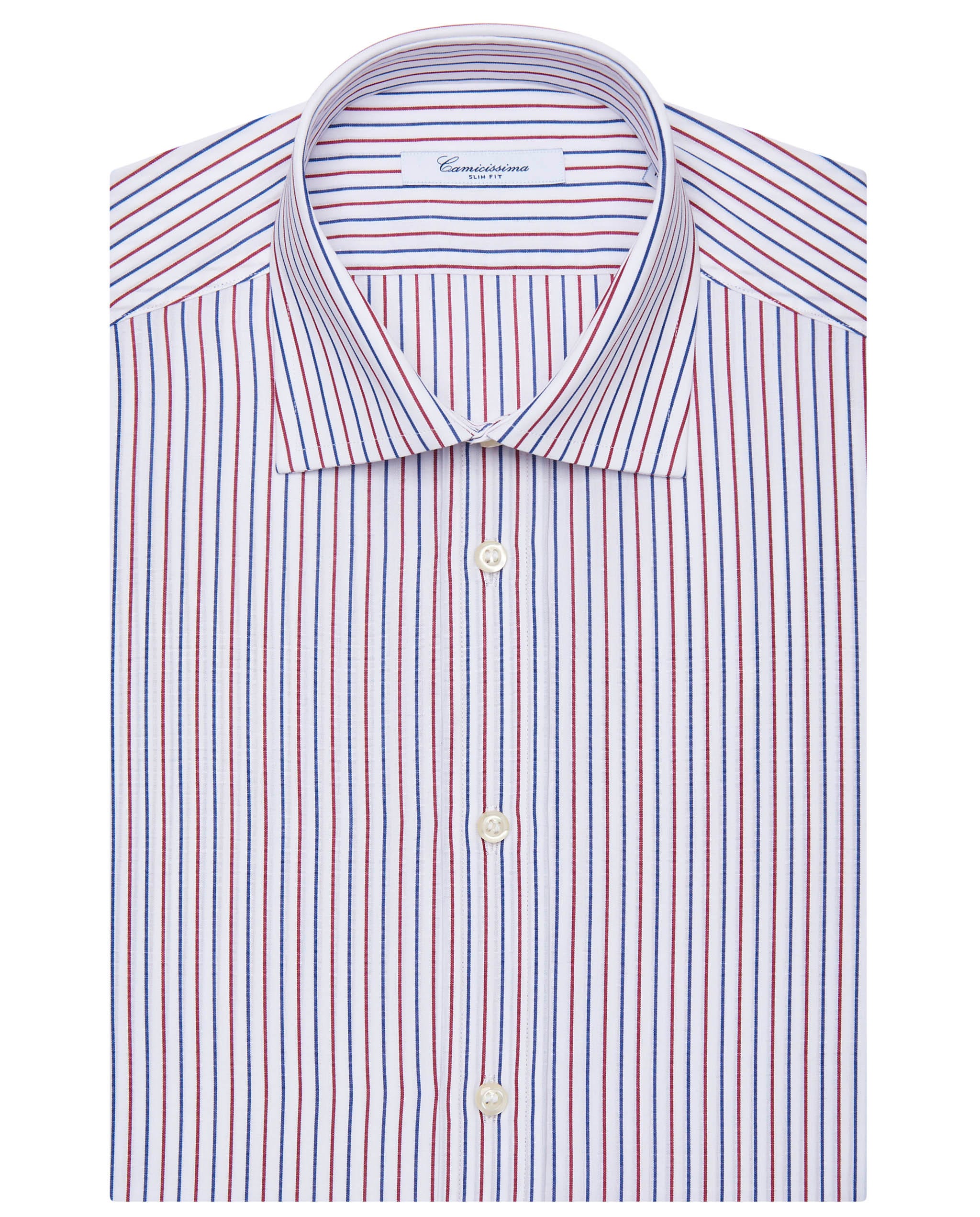 Camicia fantasia bianca a righe blu e rosse manica corta slim francese Camicissima