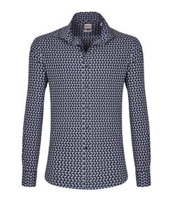 Camicia trendy marrone chiaro con fantasia geometrica blu, extra slim francese_0