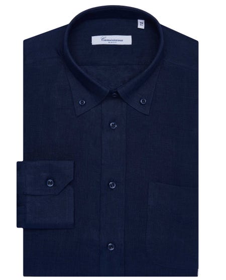 Camicia fancy in lino blu scuro, con taschino, slim button down