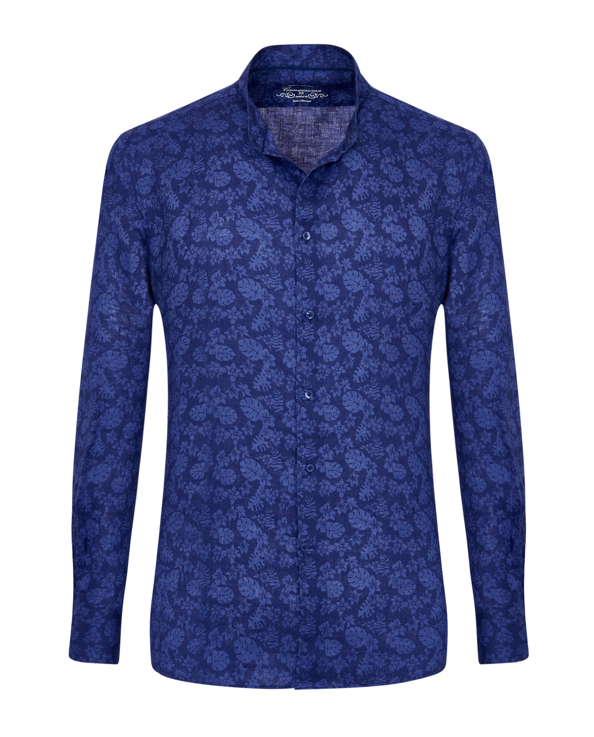 Camicia trendy in lino blu con fantasia collo coreana Camicissima