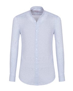 Camicia trendy in lino bianca con microfantasia blu, extra slim collo coreana_0