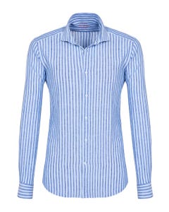 Camicia trendy in lino azzurra a righe, slim francese_0