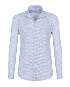 Camicia trendy in lino bianca con microfantasia blu, slim francese_0