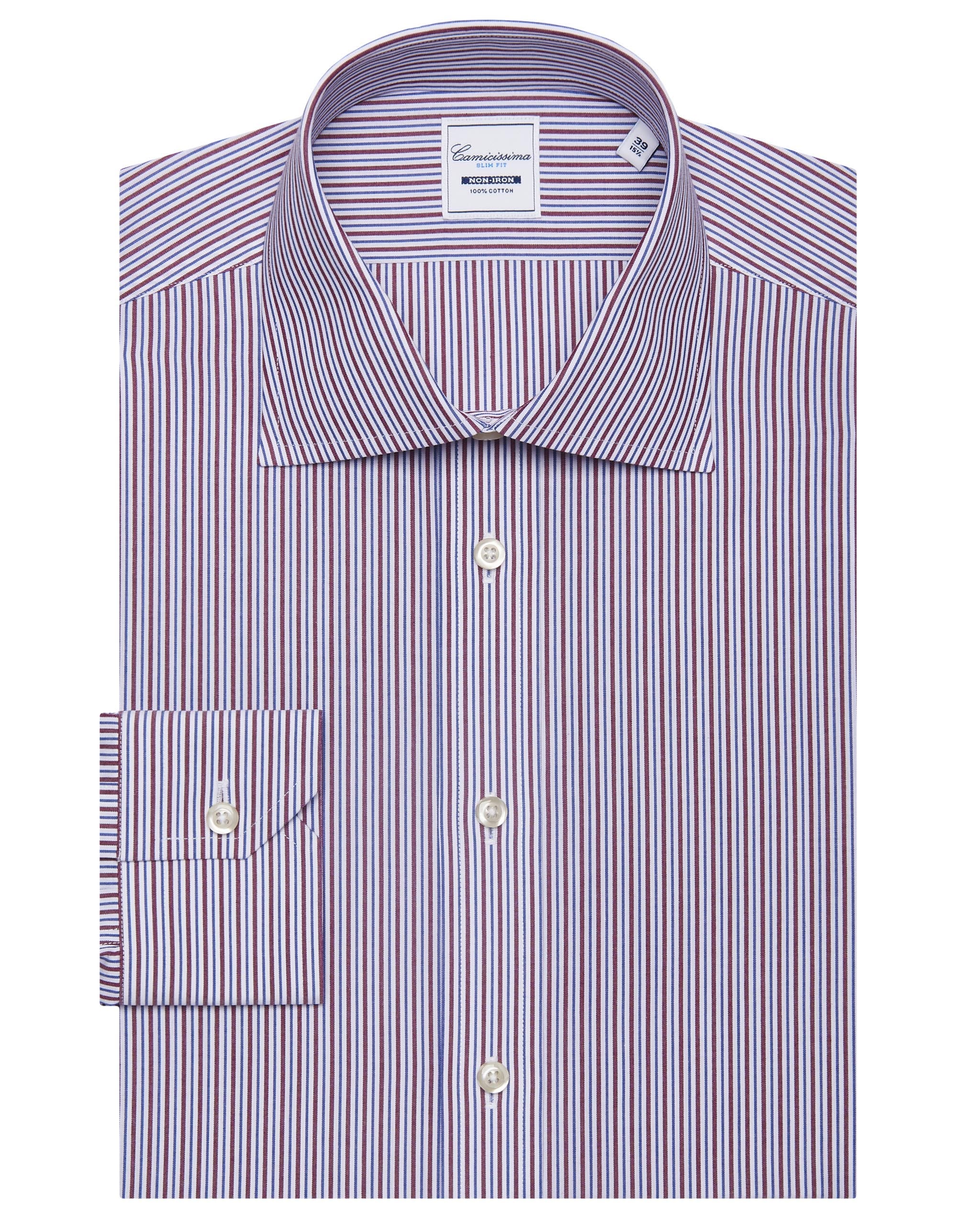 CAMICIA NON IRON A RIGHE MARRONI E BLU, SLIM FRANCESE
