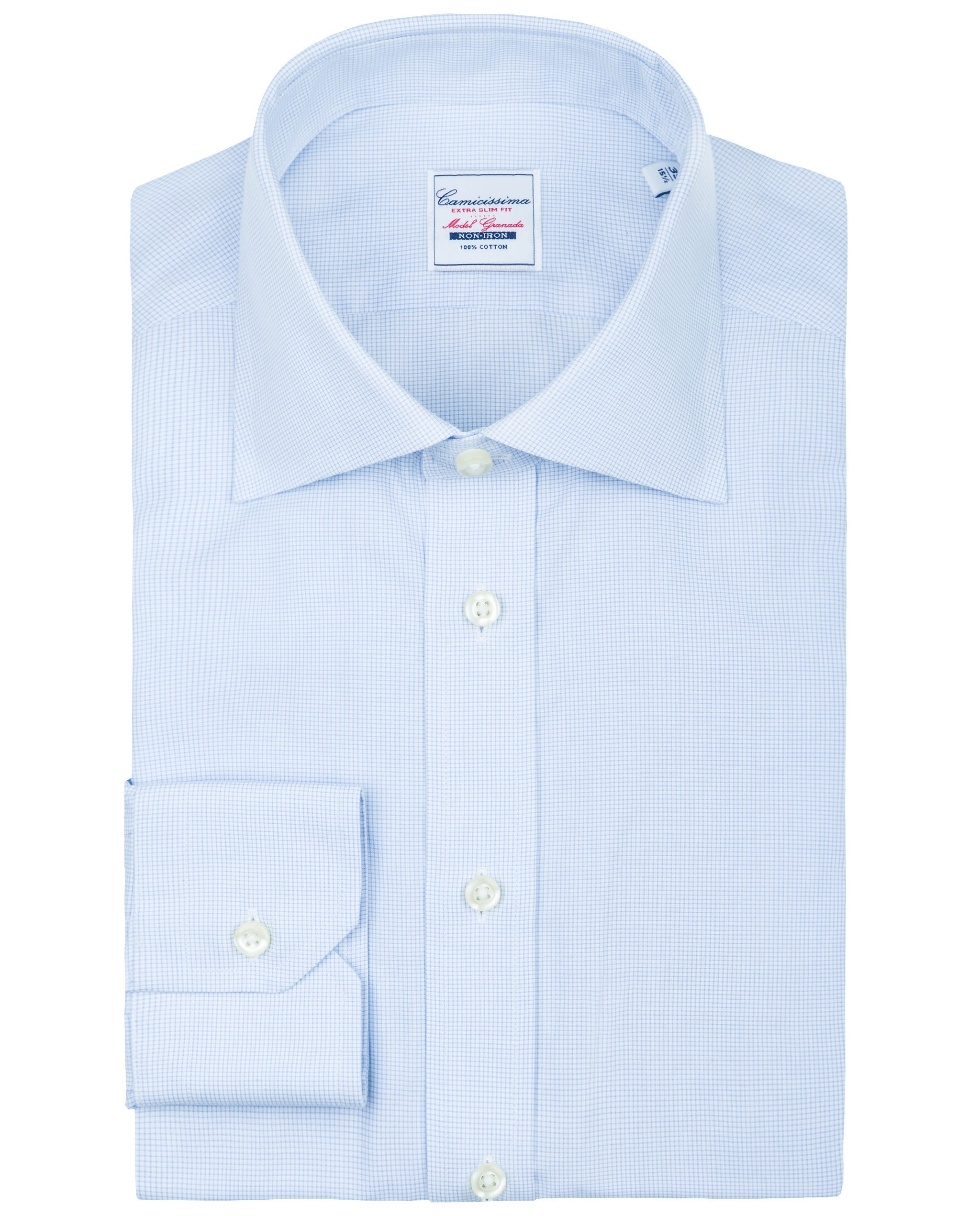 CAMICIA NON IRON AZZURRA A QUADRETTI, EXTRA SLIM GRANADA FRANCESE